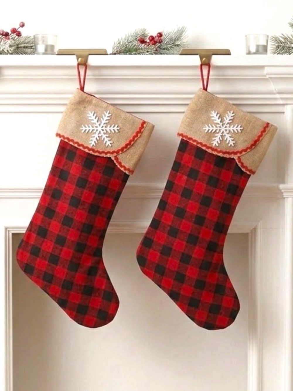 Christmas Stocking Set of 2 Vintage Farmhouse Buffalo Plaid Red Black Burlap